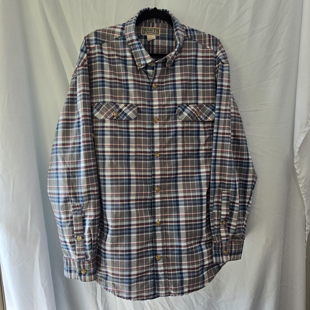 Duluth Plaid Long Sleeve Button Up Shirt Flap Pockets Men's XL Gray Blue Red